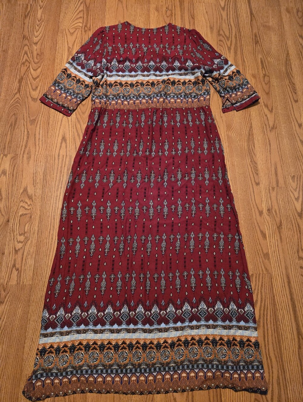Bohemian Red Maxi Dress Button Front Print Slit Boho Duster Cardigan Casual XL - Picture 8 of 12